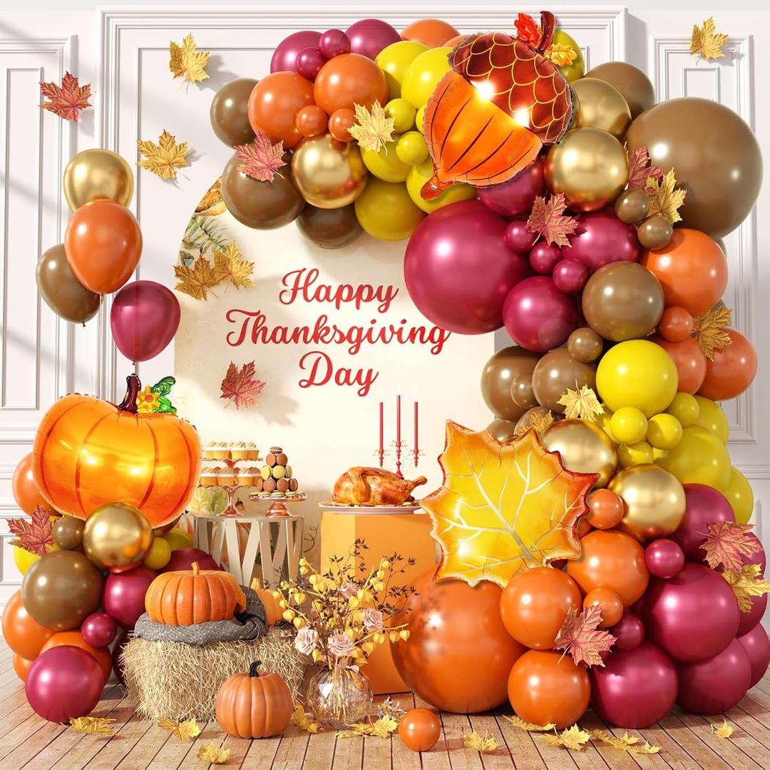 Fall Balloon Garland Arch Kit,129pcs Orange Yellow Wine Red Brown Gold Balloons Maple Leaf Pine Cones Pumpkin Foil Balloons for Thanksgiving Harvest Autumn Birthday Baby Shower Party Decorations