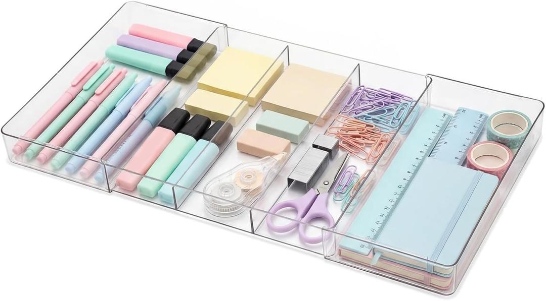 Briwooody 1 Pcs Large Expandable Acrylic Drawer Organizers, Grid Adjustable Drawer, Dividers Organizer for Desk, Makeup, Jewelry, Office, Kitchen Supplies (Clear,5 Compartments)
