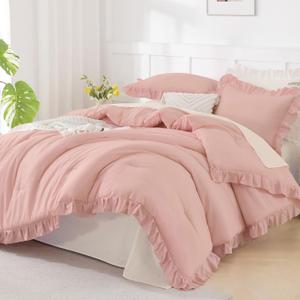 Andency Blush Pink Ruffle Comforter Queen, 3 Pieces Rustic Farmhouse Shabby Chic Comforter, All Season Soft Polyester Down Alternative Bedding Comforter Set (Queen (90"x90")