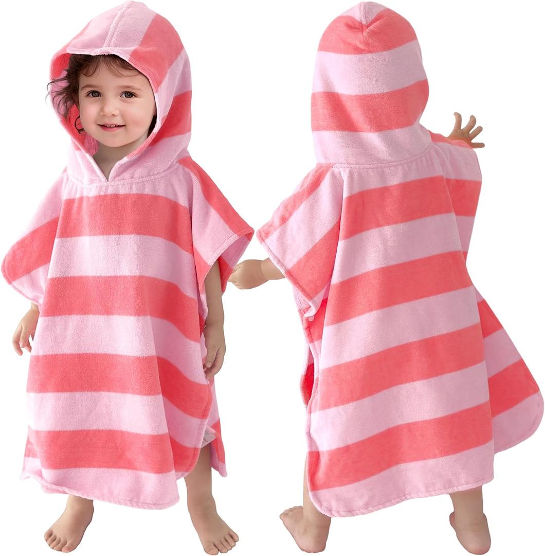 VOOVA & MOVAS Baby Towels with Hood, Oversized (2-4Years,21"X21") Made from 100% Soft Cotton,Absorbent Hooded Poncho Towel for Toddler Girls,Perfect for Pool | Swimming | Bath | Beach,Pink Bar Stripe