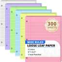 300 Sheets Loose Leaf Binder Paper, 6-Color Wide Ruled Lined Paper, 8 x 10.5, 3-Hole Punched Notebook Paper Writing Paper for School Office