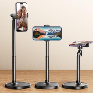 DIMONCOAT Phone Stand for Desk, Angle Height Adjustable Phone Holder for Desk, Aluminum Alloy Universal iPhone Holder, Retractable Cell Phone Stand Recording Office for iPhone 17 16 15 Pro Max Air (BLACK - 6X STABLE WEIGHTED BASE)