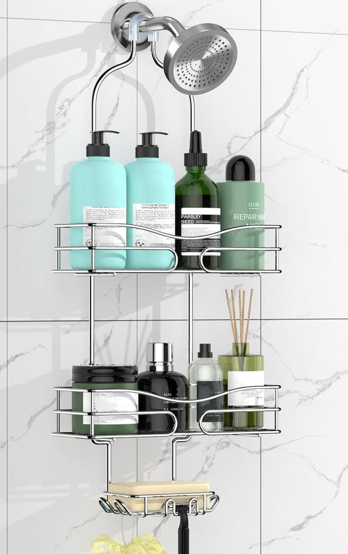 Shower Caddy - Organizer with 6 Hooks, Soap Basket & Self-Adhesive Pad, Silver (Style 1)