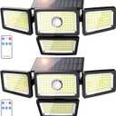 3000LM Solar Lights Outdoor, 4 Adjustable Heads Solar Motion Sensor Lights with 283 LED, IP65 Waterproof Security Wall Lights, Remote Control Flood Lights for Graden, Outside, Backyard 2 Pack