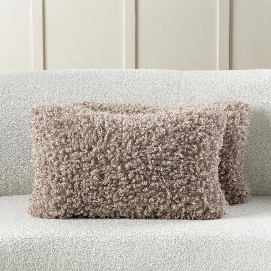 FUTEI Khaki Decorative Throw Pillow Covers 12x20 Inch Set of 2,Soft Fluffy Faux Wool Fur Boucle Textured Lumbar Pillow Case,Modern Home Decor for Couch Bed Living Room Office