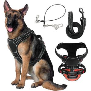 No Pull Dog Harness for Large Dogs-Medium Dogs, Adjustable Reflective Oxford Material Vest, with Heavy Duty Dog Leash, Chew-Resistant Steel Cable, Safety Lock and Easy Control Handle. (Dual Color, Size L)