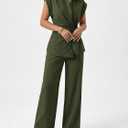 Womens Dressy Two Piece Sets Cap Sleeve Tie Waist Shirt Wide Leg Pants (Green), L