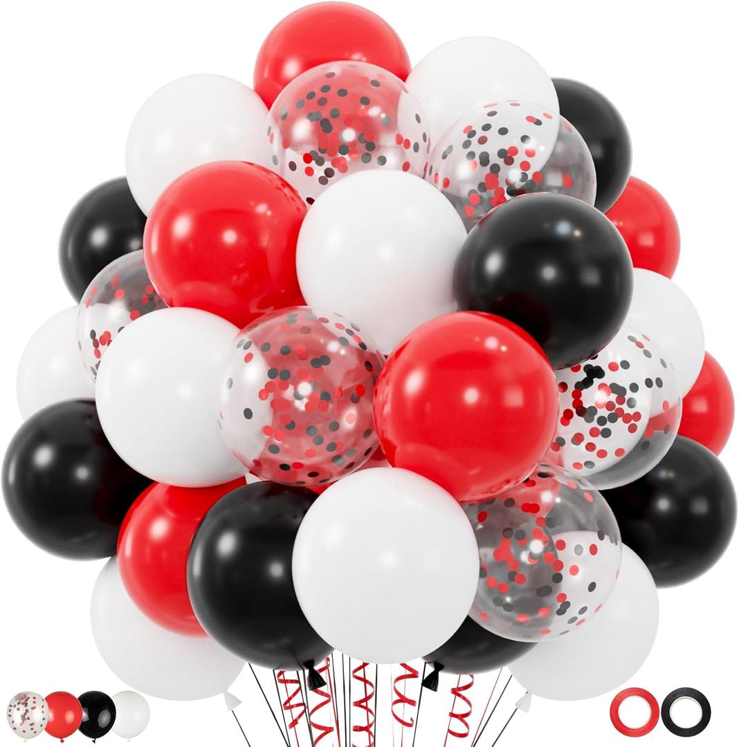 100pcs Red and Black Balloons, 12inch Red and White With Confetti Balloons for Class of 2025 Graduation, Birthday Decorations, Baby Shower, Casino, Race Car Party Supplies (2 Ribbons)