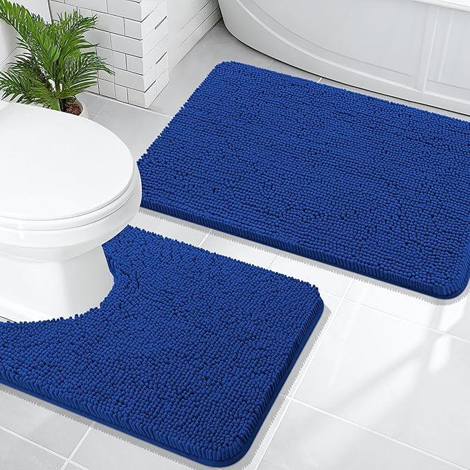 OLANLY Bathroom Rugs Sets 2 Piece, Soft Absorbent Chenille Bath Mats and U-Shaped Contour Toilet Mat Area Rug Set, Machine Washable Bath Carpet, Home Decor Accessories(30"x20"+24"x20",  Royal Blue)