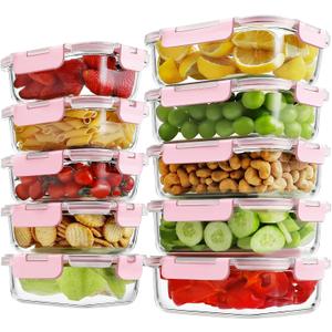10 Pack Borosilicate Glass Meal Prep Containers with Locking Lids, Glass Food Storage Containers Set, Airtight Lunch Bento Boxes, BPA-Free & Leak Proof, 36oz & 14oz, Freezer, Oven Safe-Pink