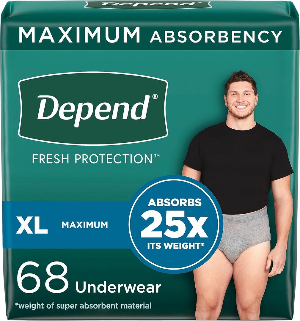 Depend Fresh Protection Adult Incontinence Underwear for Men, Disposable, Maximum, Extra-Large, Grey, 68 Count (2 Packs of 34), Packaging May Vary (X-Large)