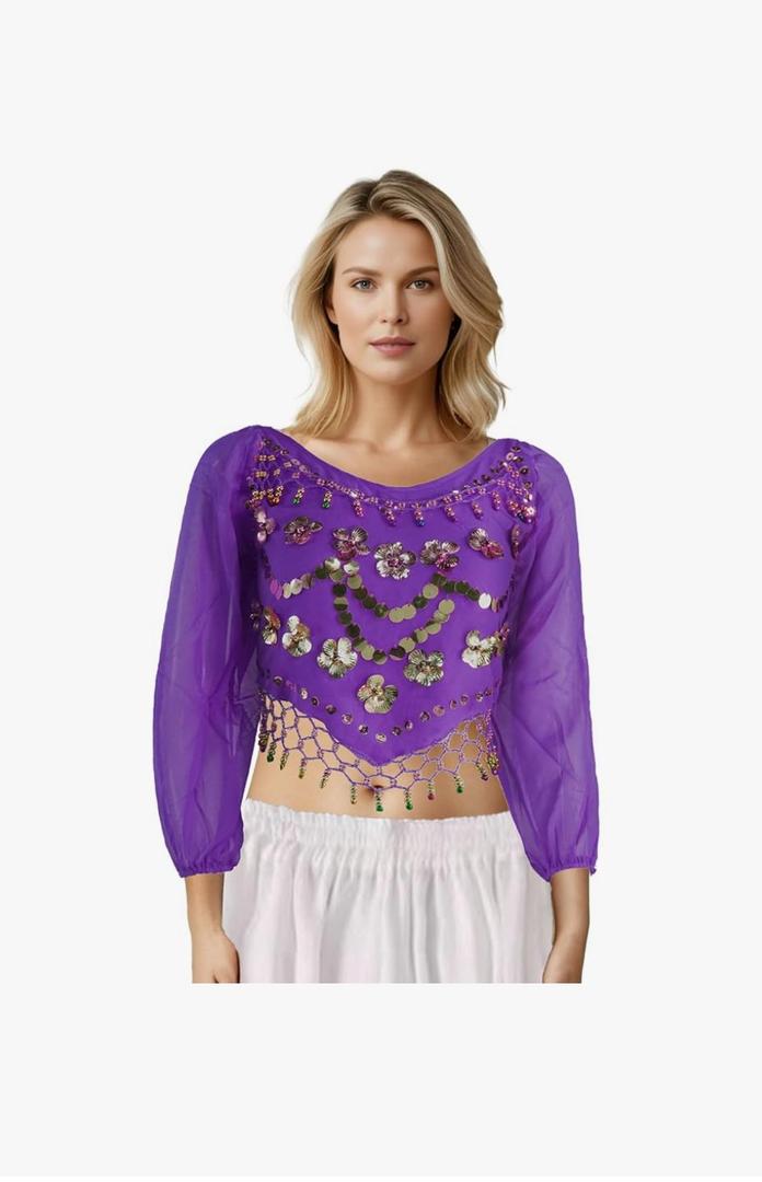MUNAFIE Dance Top Genie Top Belly Dance Top Long Sleeves Strap type without Chest Pad Arabian Nights Outfit for Women