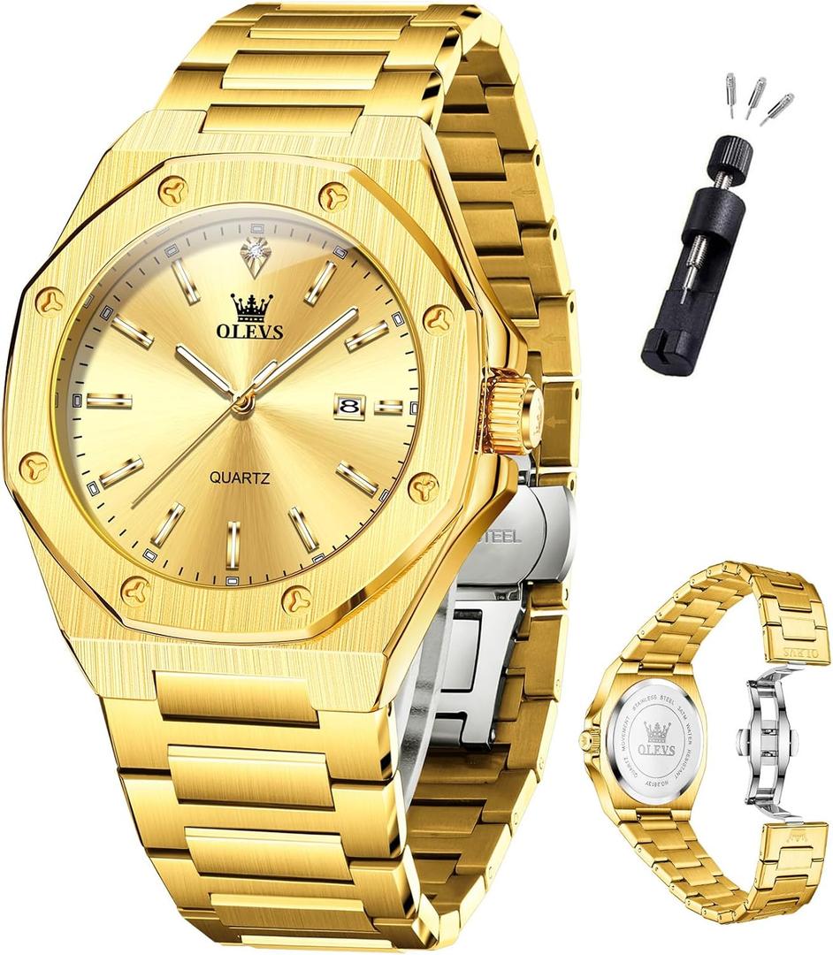OLEVS Mens Watches Octagonal Luxury Stainless Steel Dress Watches for Men Quartz Analog Large Face Luminous Relojes para Hombres