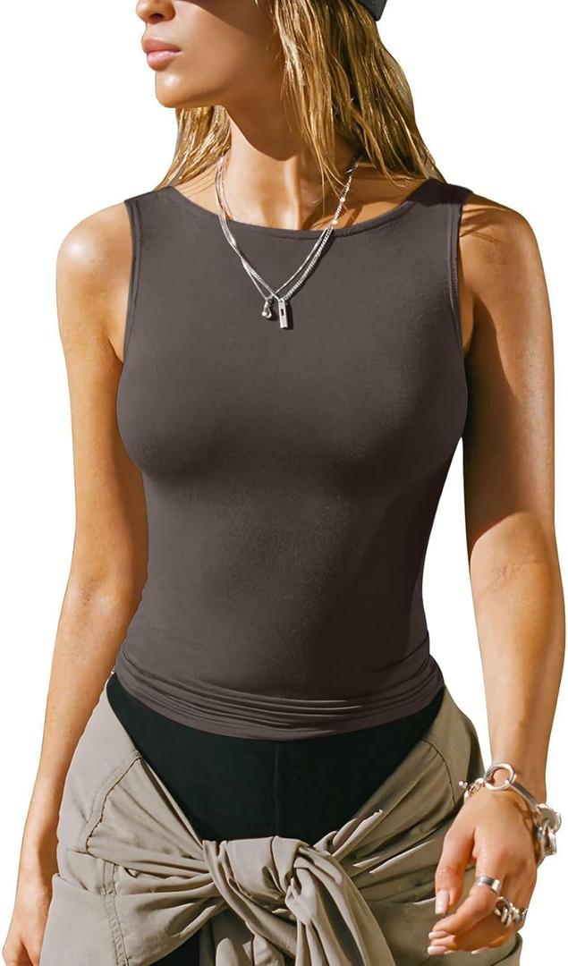 OQQ Womens Sleeveless Crew Neck Tank Top Casual Basic Cotton Fitted Stretch Clothes Outfits 2025 (Medium, Tea Leaf)