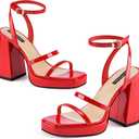 MIRAAZZURRA Platform Strappy Heel Sandals Square Open Toe Two Strap Chunky High Heeled Sandals with Buckle Ankle Strap for Women Party Wedding Dress (Red)