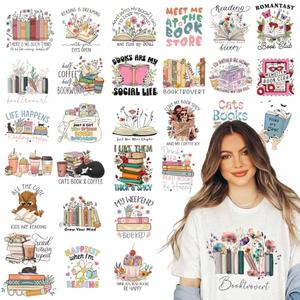 Kaciola 30 Sheets Book Lover Iron on Transfers, Bookworm DTF Transfers Ready to Press Washable Stickers Iron on Decals for T Shirts Hoodie DIY Crafts