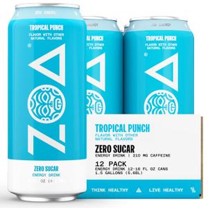 ZOA Zero Sugar Energy Drinks - Tropical Punch | Healthy Energy Formula with Natural Caffeine, Daily Vitamin C, Essential B-Vitamins | Gluten-Free, Keto Friendly | 16 Ounce Cans (Pack Of 12) (EXP 12/02/26)