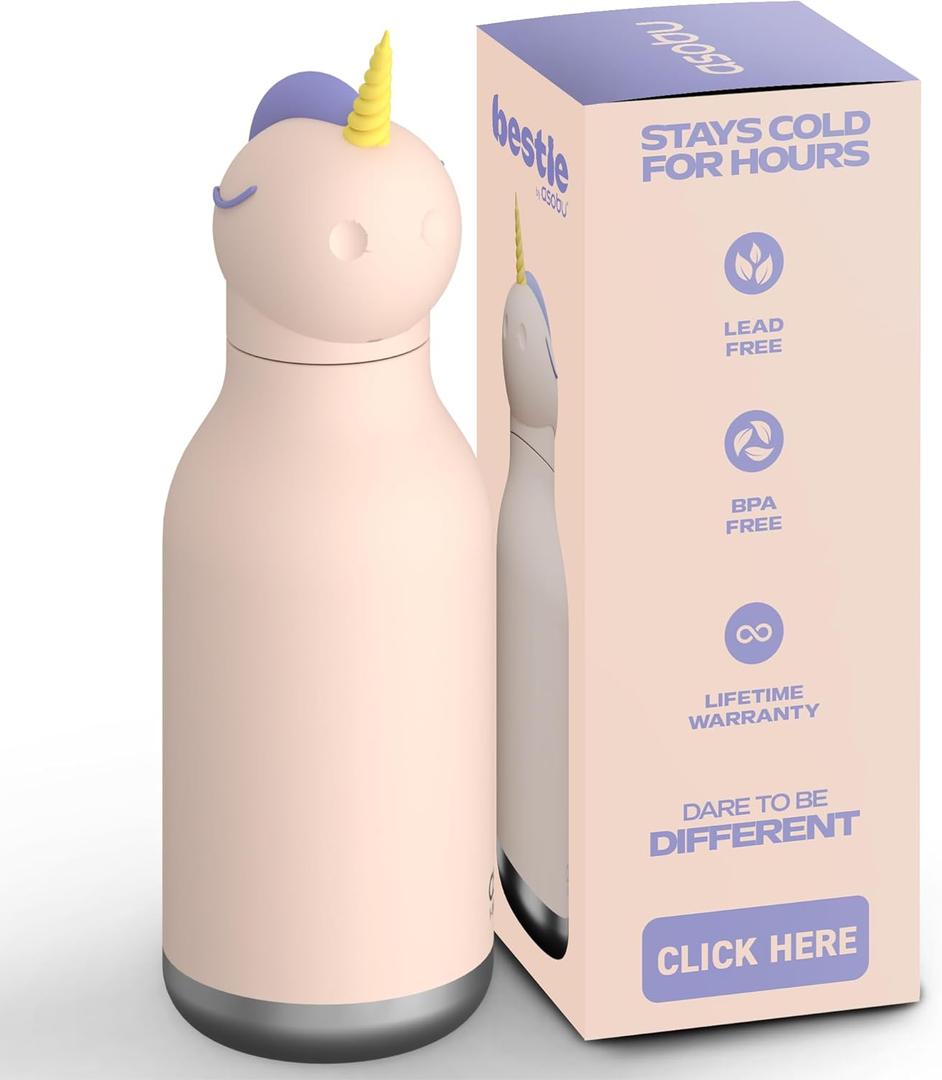 asobu Bestie Bottle Insulated Stainless Steel Water Bottle with Detachable Soft Animal Head Fun Drinking For Kids and Teens with Flexible Reusable Straw 16 Ounce (Unicorn)