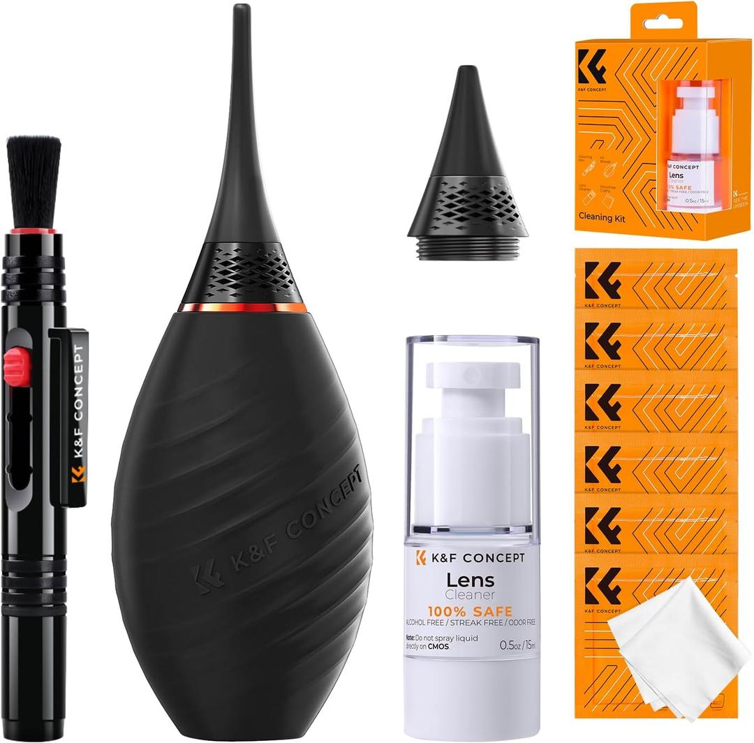 K&F CONCEPT 10-in-1 Camera Lens Cleaning Kit for DSLR Camera Lens Filter Cell Phones with Advanced Silicone Air Blower*1+Short Nozzle*1+Long Nozzle*1+Cleaning Cloth*6+Cleaning Pen*1+15ML Cleaner*1