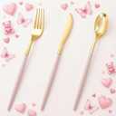 I00000 60 Pack Pink Plastic Silverware,Gold Disposable Flatware with Pink Handle, Gold Plastic Cutlery Set Includes: 20 Forks, 20 Knives and 20 Spoons, Tableware Set for Party and Wedding