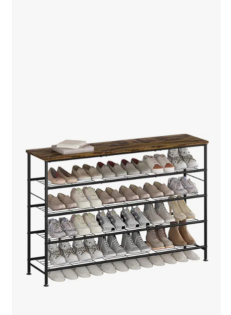 SUOERNUO Shoe Rack 5 Tier Shoe Storage Organizer Metal Mesh Shelves with MDF Top Board for Entryway, Hallway, Closet,Bedroom，Living Room (Black+Rustic Brown, Large 5 Tier)