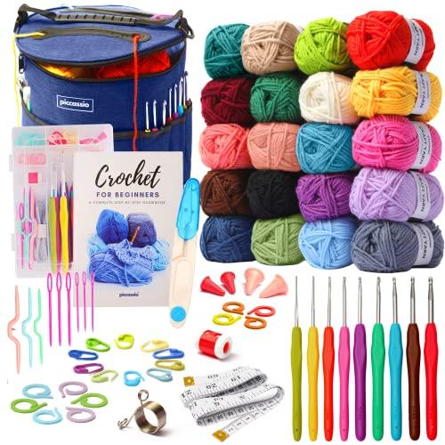 Piccassio Crochet Kit for Beginners – Complete Starter Set for Adults & Teens with 20 Yarn Colors, Hooks, Book & Organizer Bag – Learn to Make Amigurumi, Plushies & Handmade Gifts
