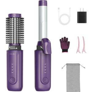Cordless Curling Iron Brush,4 In1,8000mAh,4 Temp Setting,1/1.5 inch Portable Mini Travel Hot Comb,Rechargeable Hair Curler Cordless with 200 Million Negative Ions,Dual Voltage (Purple)