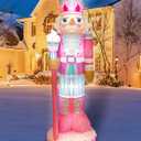 Geyoga 8FT Christmas Inflatable Outdoor Decoration Pink Nutcracker Hold Cake Cane Blow Up with LED Lights Inflatable Nutcracker Yard Decor for Xmas Decorations Outdoor Indoor Xmas Gifts