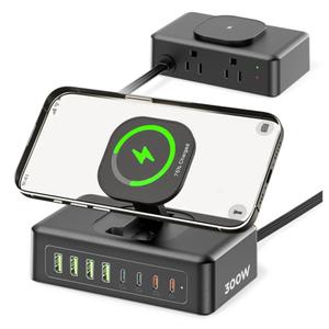 11-in-1 Charging Station USB-C Power Strip, 300W USB C Charger Block, 2AC Outlets 8USB Ports(4USB-C) Surge Protector, 5FT Flat Plug Extension Cord, PD110W Desktop Fast Charging for Home Office, Black