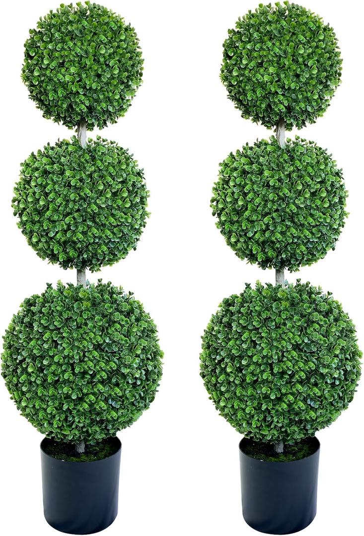 4FT Artificial Topiary Ball Tree Set of 2, Outdoor Indoor Faux Triple Ball Boxwood Plants, Green Fake Plant for Home Front Porch, Patio Garden Decor