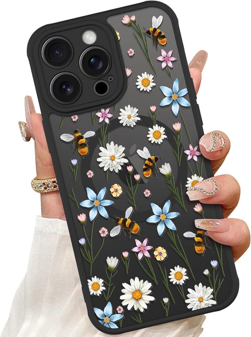 ZIYE Magnetic Case for iPhone 14 Pro Max 6.7 Inch [Compatible with MagSafe] Hard PC and Soft TPU Case with Daisy Floral Flowers Bee Anti-Scratch Shockproof Protection Phone Cover for Women