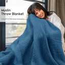 Yoofoss Muslin Blanket 100% Organic Cotton Throw Large 50" x 60" for Bed Couch Summer Gauze Blanket for Adults Lightweight and Breathable Dark Blue
