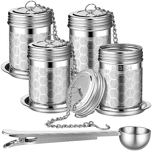 Umigy 4 Pcs Tea Infuser Strainers for Loose Tea with Scoop, Extra Fine Mesh Steeper 304 Stainless Steel Diffuser Leaf Holder with Extended Chain Hook for Brew, Spices, Seasoning, Silver