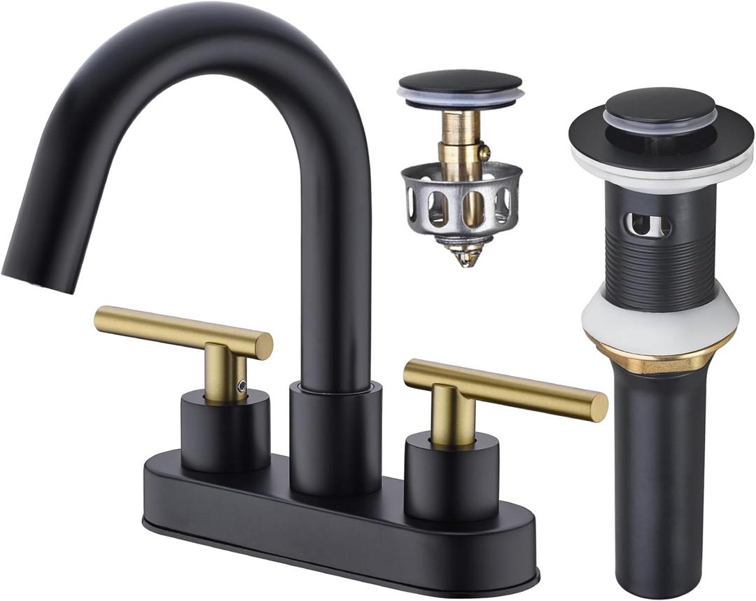 BSTIIU Bathroom Faucet, 3-Hole Black and Gold Vanity Faucet with Metal Sink Drain, 2-Handle 4-Inch Centerset