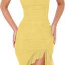 BORIFLORS Women's Sexy Elegant Boat Neck Bodycon Midi Dresses Ruffle Hem Sleeveless Ruched Cocktail Party Tank Dress, Small, Yellow