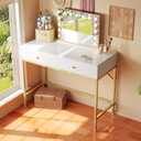 SUPERJARE 31.5" White and Gold Desk with 2 Drawers, Modern Vanity Desk, Small Makeup Table for Home Office Writing Study Bedroom