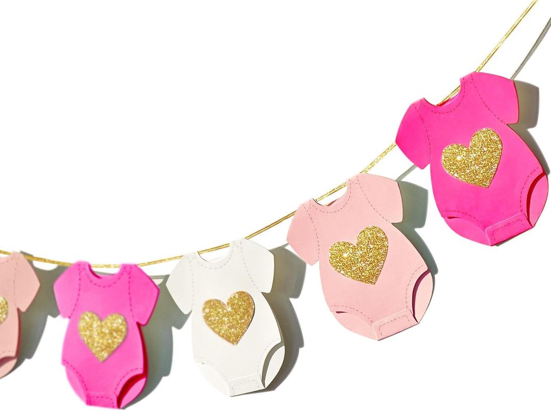 Pink Baby Shower Paper Garland Short-Sleeve Bodysuits Clothesline Garland Gender Reveal Birthday Banner Baby Outfit Paper Decorations 9 pcs