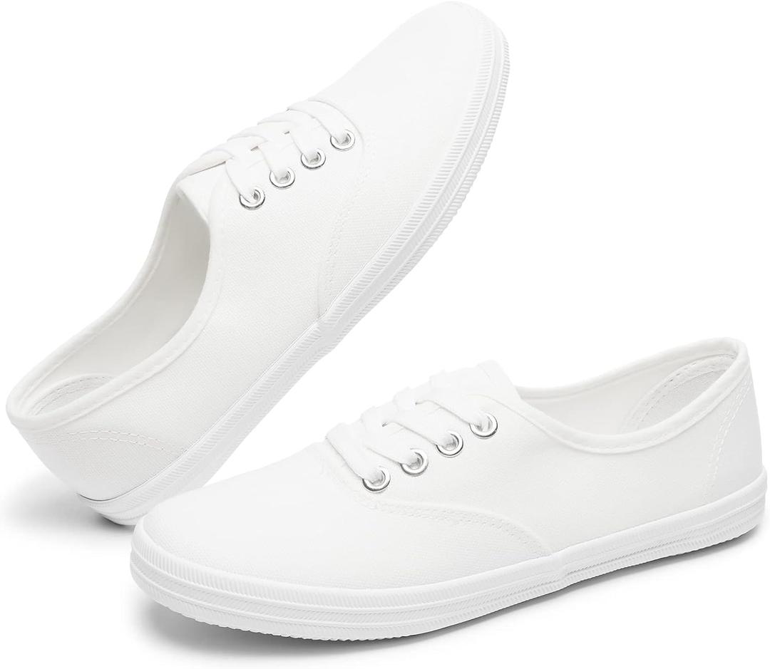 TUOPIN Womens White Canvas Sneakers Low Top Lace-up Canvas Shoes Lightweight Casual Tennis Shoes (7.5)