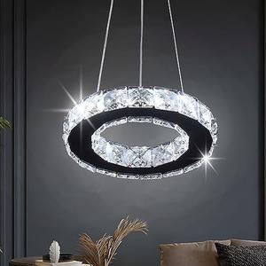 Modern Crystal Chandeliers LED Pendant Lighting Round Ring Chrome Flush Mount Ceiling Light Fixture Mini Chandeliers for Dining Room Kitchen Island Hallway