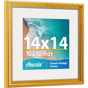 Vintage 14x14 Picture Frame, Antique Gold Photo Frames with Plexiglass Front,Ornate Square 14x14 Frame Display 10x10 with Mat or 14 x 14 Picture Frame Without, Wall Décor,1 Pack,Gold