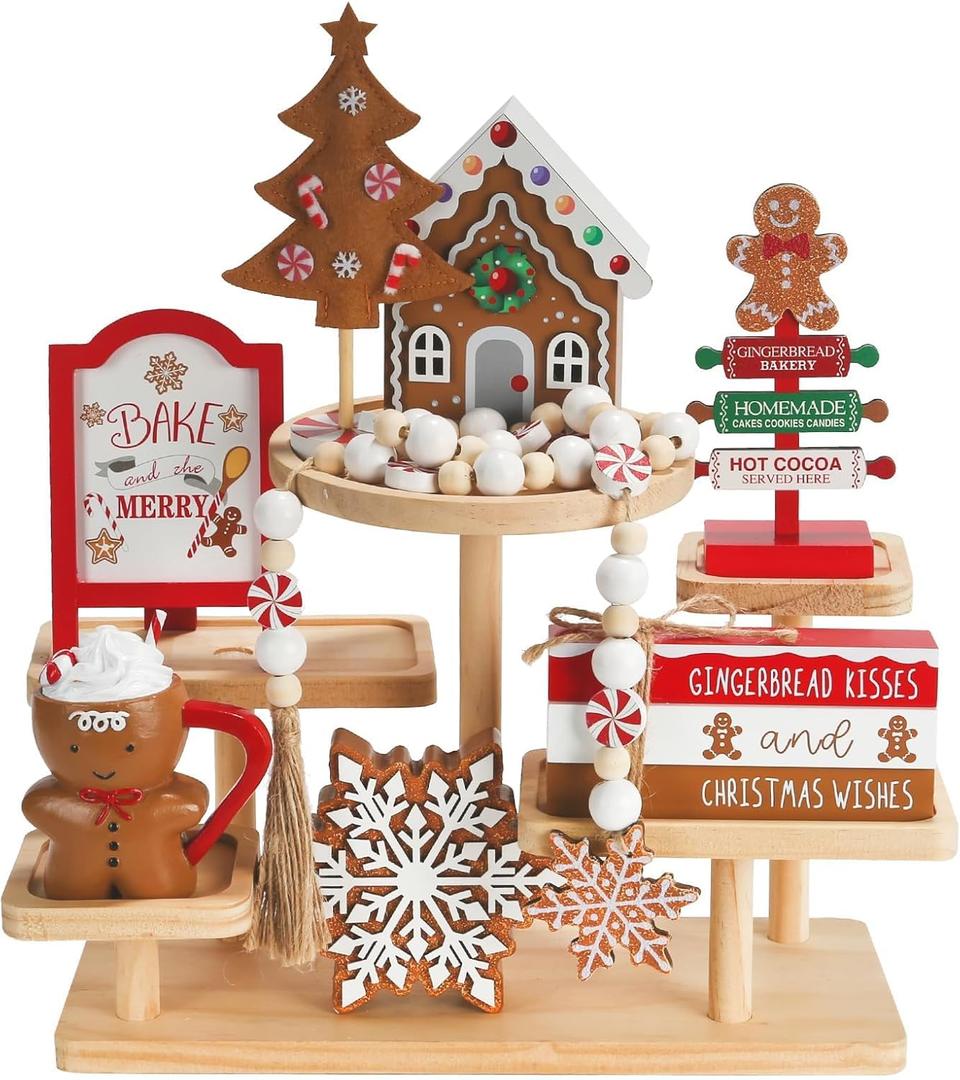 Gingerbread Christmas Decorations 8 PCS Tiered Tray Decor Set, Cute Tabletop Christmas Decor for Home Shelf Mantel Fireplace Office Desk Coffee Bar Xmas Table Centerpieces Tray Objects Holiday Baking