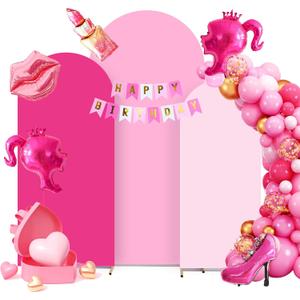 Set of 3 Arch Backdrop Cover Pink Ensemble with Party Banner - Spandex Fitted Wedding Backdrop Covers 7.2ft,6.6ft,6ft for Chiara Backdrop Stand Set. Arch Stand Cover for Wedding Birthday Baby