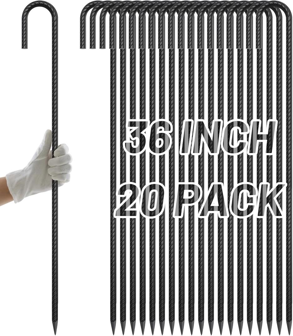 AAGUT Rebar Stakes 36 Inch J Hook Heavy Duty 20 Pack, 1/2 Inch Extra Long Tent Stakes with Chisel Point End, Black Coated Metal Ground Anchors for Garden, Chain Link Fence, Greenhouse, Sculpture