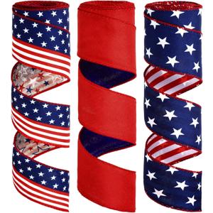 Solsew 3 Rolls Red White and Blue Patriotic Ribbons 250th 4th of July Double Sided 18 Yards 2.5 Inch American Flag Burlap Wired Edge Ribbon for Independence Memorial Day Wreath Party Decor