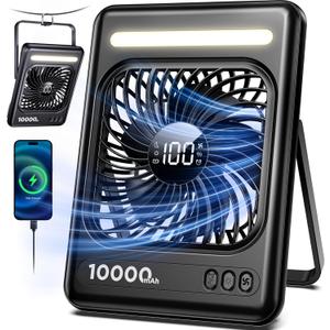 10000mAh Portable Travel Fan, 5 Speeds Strong Wind Cruise Fan with LED Lantern, 24H Runtime Personal Rechargeable Fan, 2/4/6/8H Timer, Ultra-thin Quiet Desk Fan for Camping, Office, Bedroom, Beach
