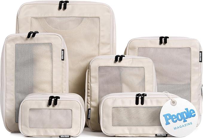 Aerotrunk Compression Packing Cubes for Travel - Luggage Organizer Bags - Double Zipper Packing Cubes for Suitcases (6-Pack, Beige)