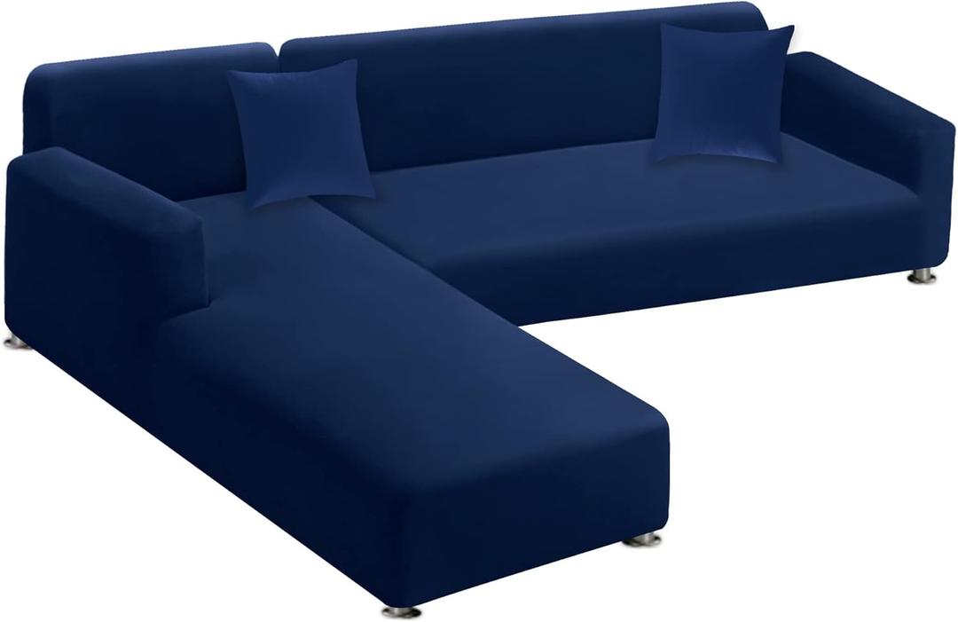Sectional Couch Covers 2-Piece Softness L Shaped Sofa Cover Super Stretch L-Type Couch Slipcover with 2Pcs Pillowcases Sofa Slipcover 3 Seater + 3 Seater Furniture Protector (Navy)