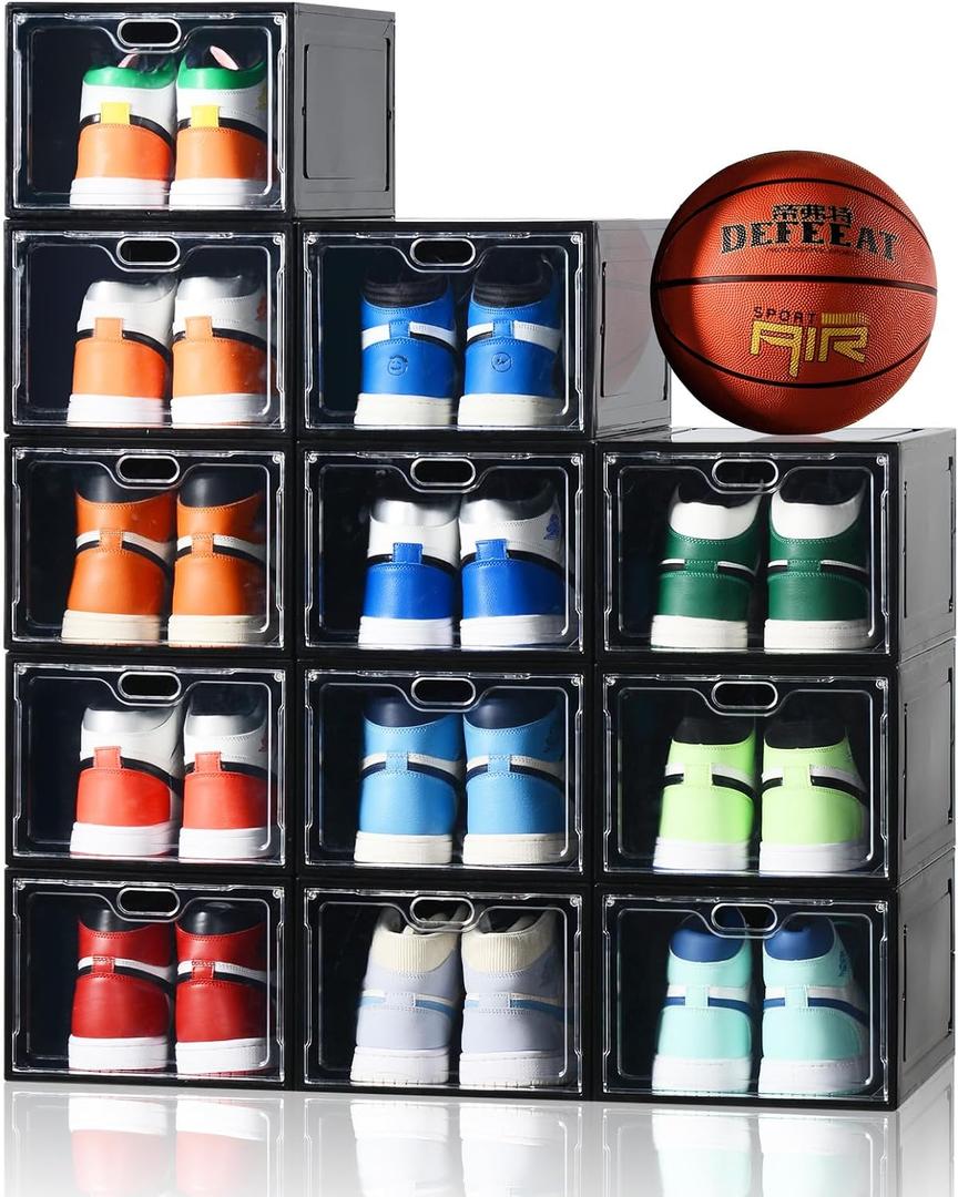12 Pack Large Shoe Storage Box, Clear Shoe Storage Organizer with Magnetic Door, Stackable,Shoe Containers For Display Sneakers, Easy Assembly, Fit up to US Size 12, Black