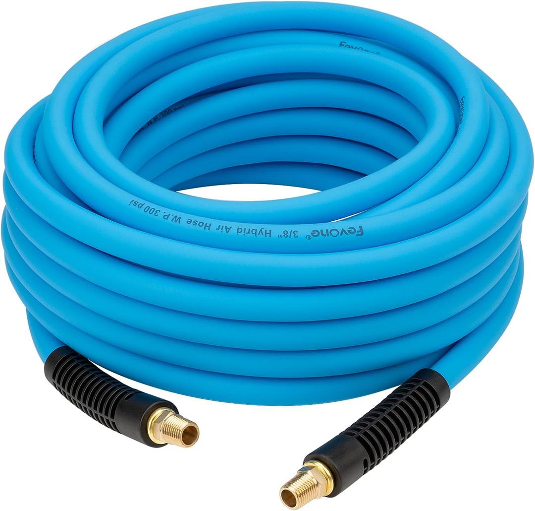 Fevone 50ft Air Hose for Compressor, 3/8" ID with 1/4 In MNPT Brass Fittings, 300 PSI, Hybrid Polymer Pneumatic Hose, Lightweight, Durable, Blue (AH1)
