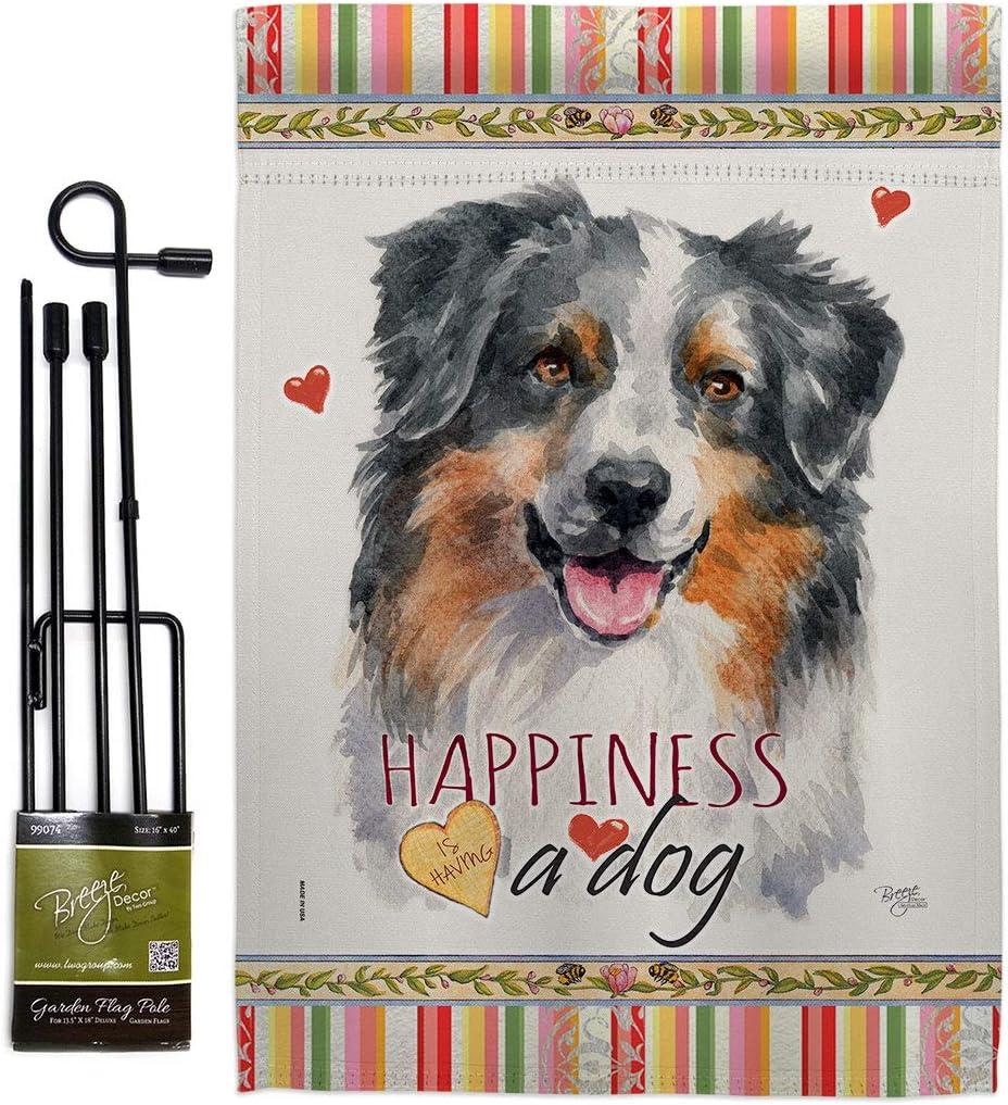 Breeze Decor Australian Shepherd Happiness Garden Flag-Set with Stand Dog Puppy Spoiled Paw Canine Fur Pet Nature Farm Animal Creature House Banner Small Yard Gift Double-Sided, Made in USA
